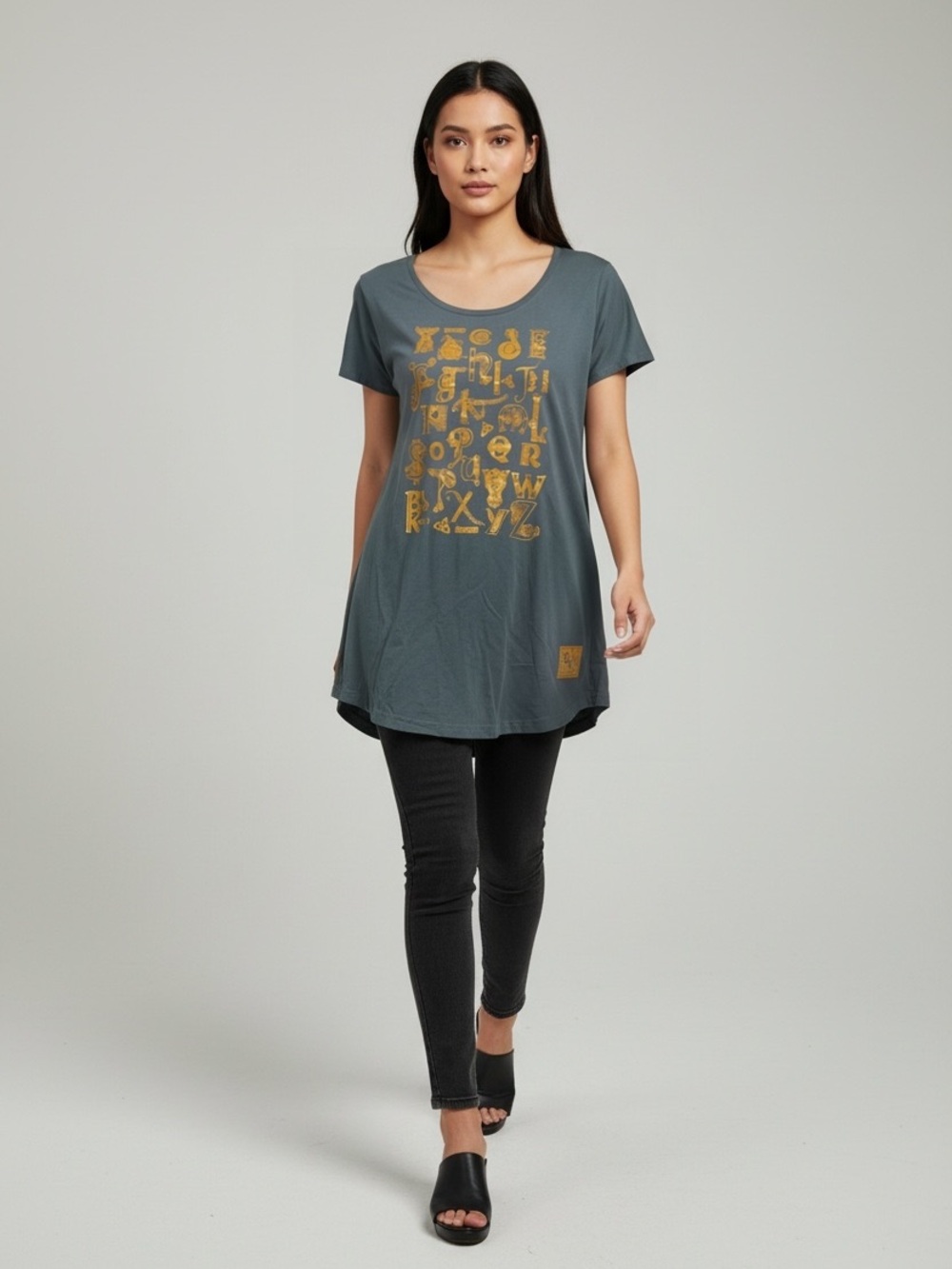 Relaxed Slate Blue Short Sleeve Tunic Tee with Gold Alphabet Print - Women